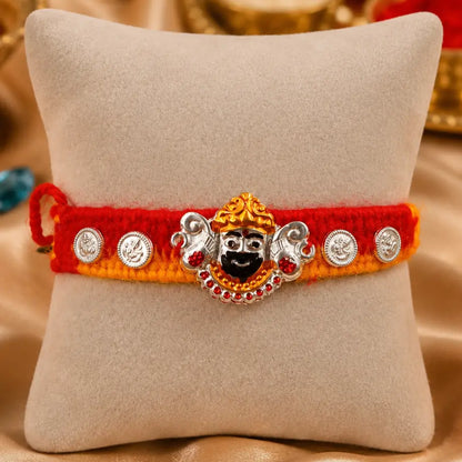 Premium Khatu Shyam Ji Designer Rakhi with Silver Ganesh Coin Charms, Dual Tone Gold Finish, Red and Yellow Handmade Cotton Thread for Raksha Bandhan Brother Gift