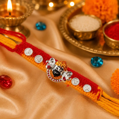 Premium Khatu Shyam Ji Designer Rakhi with Silver Ganesh Coin Charms, Dual Tone Gold Finish, Red and Yellow Handmade Cotton Thread for Raksha Bandhan Brother Gift