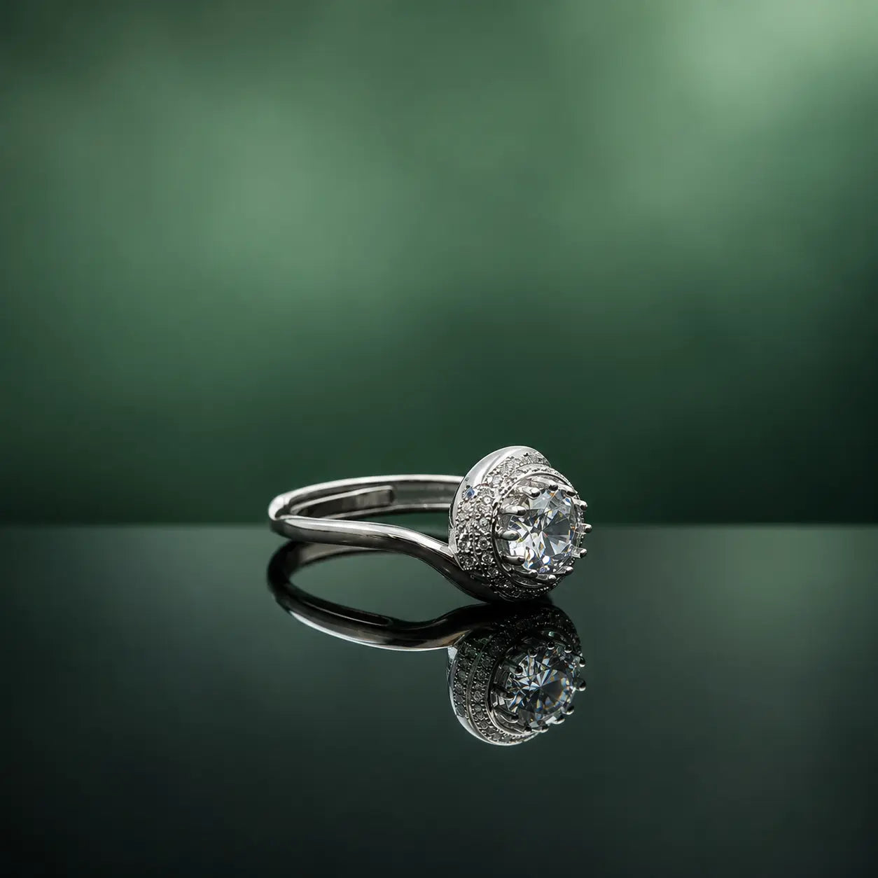 Premium Silver Adjustable Halo Solitaire Ring for Women