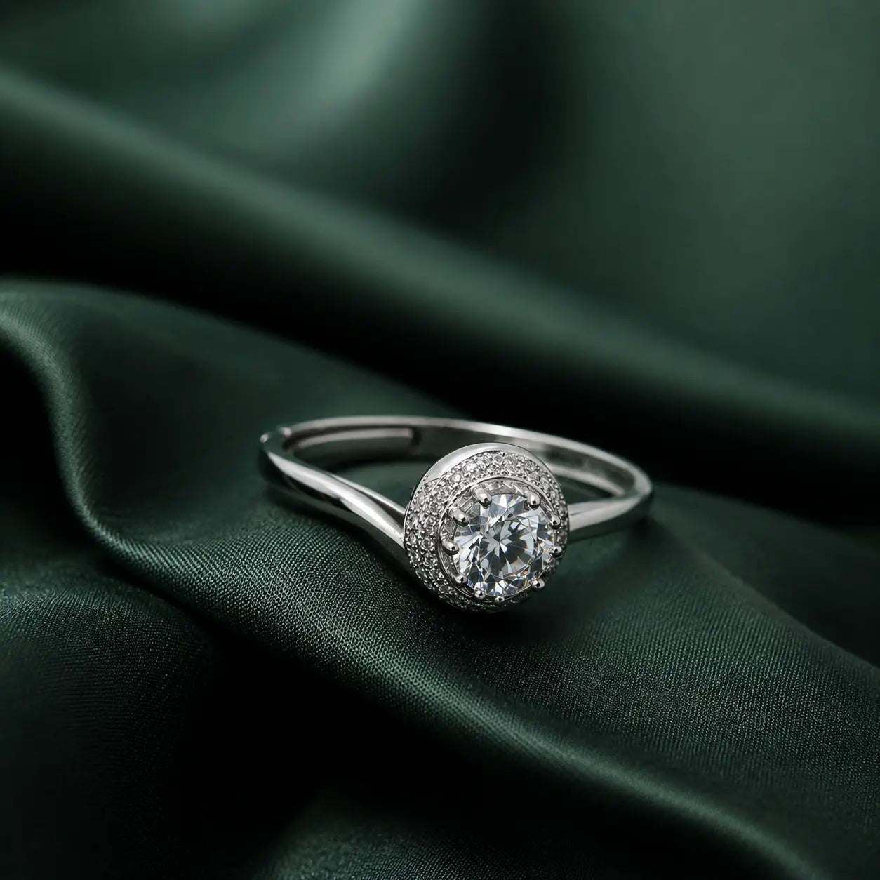 Premium Silver Adjustable Halo Solitaire Ring for Women