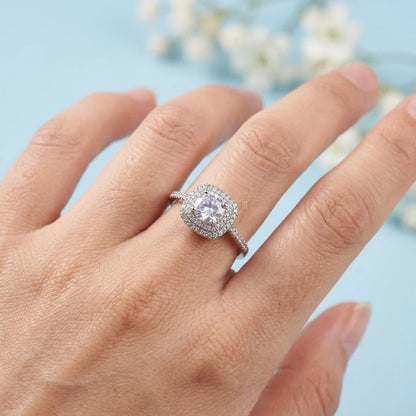 Premium Silver Tone Halo CZ Ring – Adjustable Fashion Jewelry