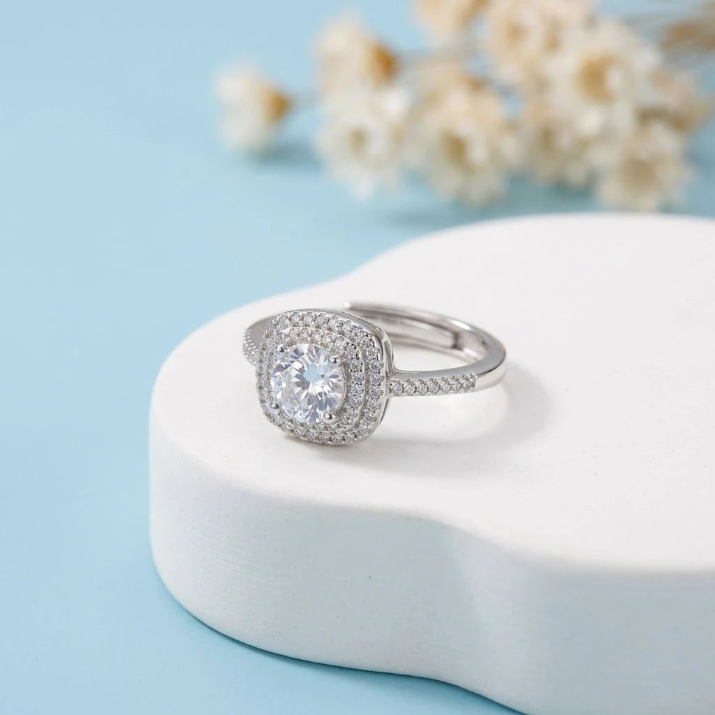Premium Silver Tone Halo CZ Ring – Adjustable Fashion Jewelry
