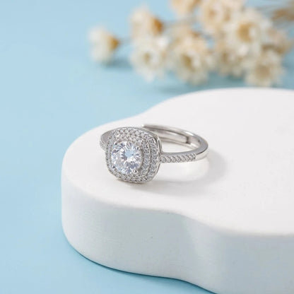 Premium Silver Tone Halo CZ Ring – Adjustable Fashion Jewelry
