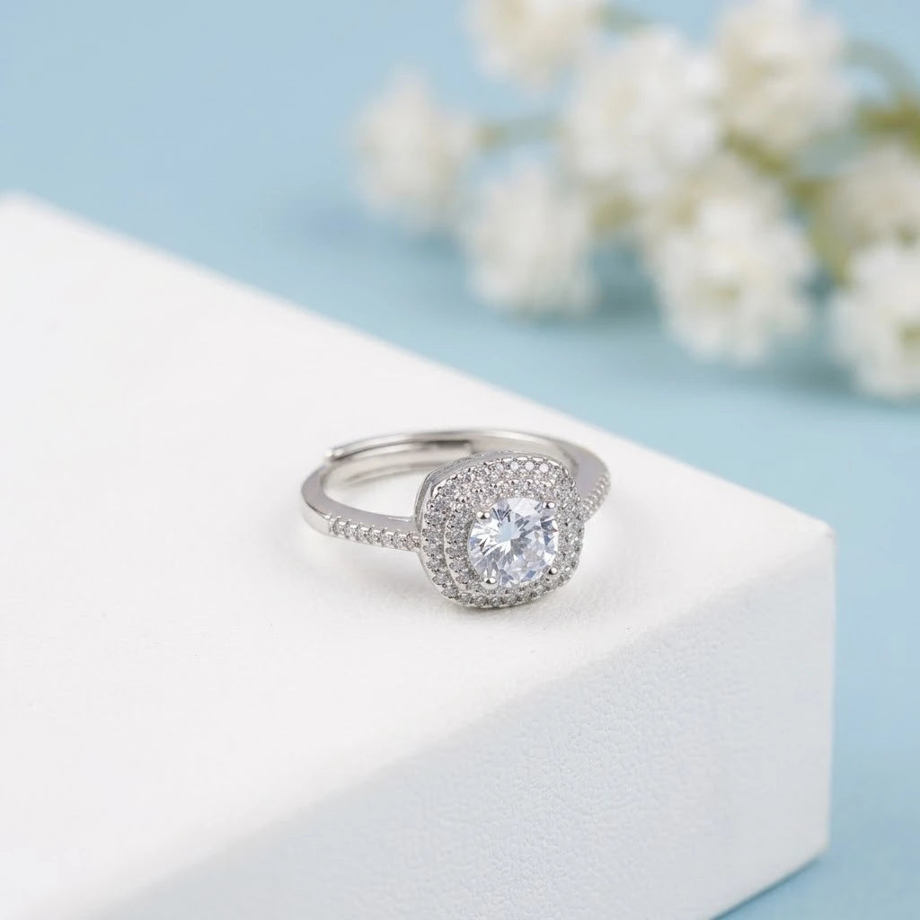 Premium Silver Tone Halo CZ Ring – Adjustable Fashion Jewelry