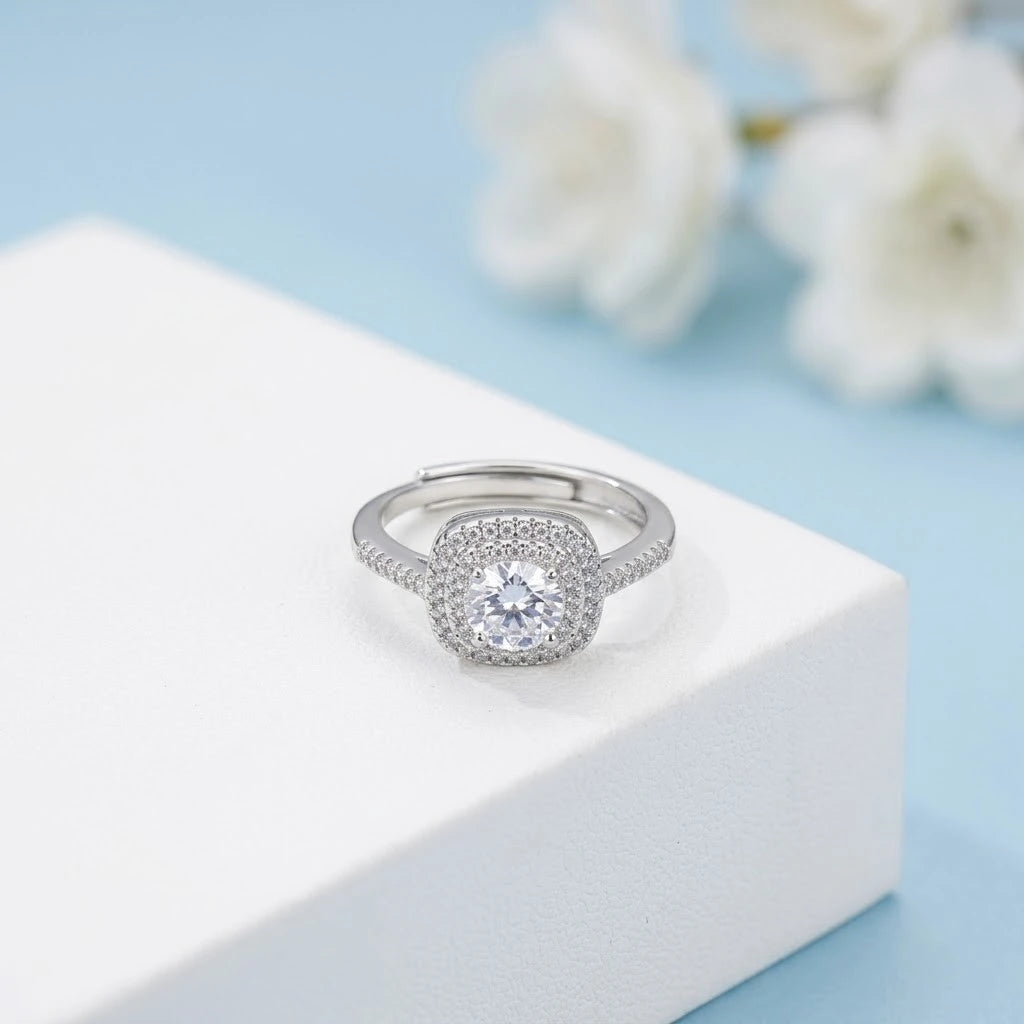 Premium Silver Tone Halo CZ Ring – Adjustable Fashion Jewelry
