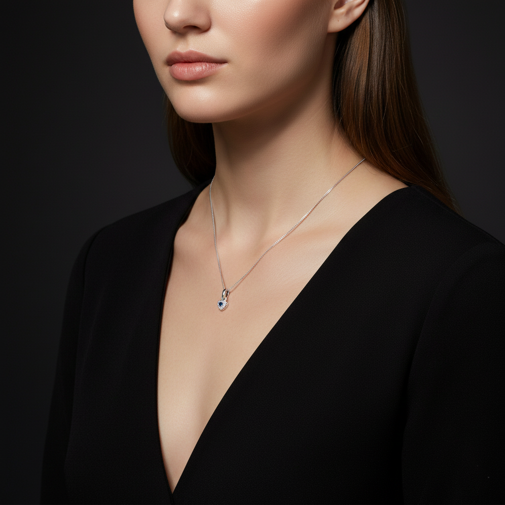 Premium Crafted Silver Heart Pendant Blue Stone Detail