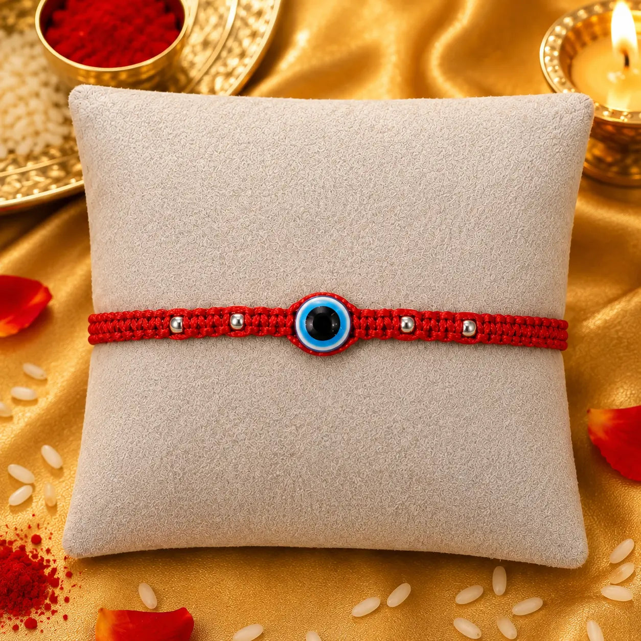 Premium evil eye rakhi with red thread placed on cushion with golden festive background, diya and kumkum for Raksha Bandhan