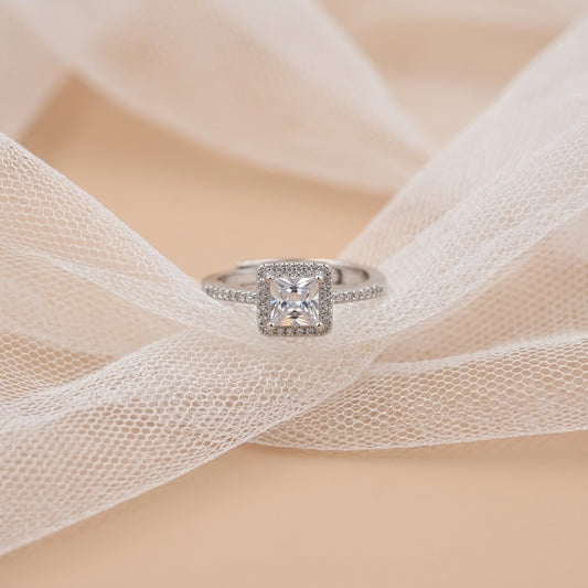 Princess Cut Halo Diamond Engagement Ring with Pave Band (Silver Finish)