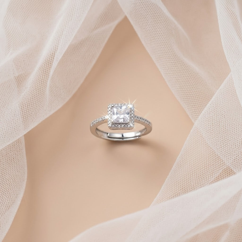 Princess Cut Halo Diamond Engagement Ring with Pave Band (Silver Finish)