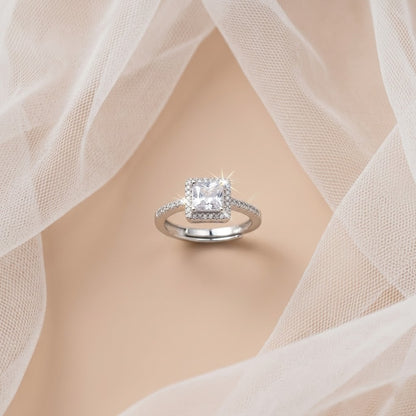 Princess Cut Halo Diamond Engagement Ring with Pave Band (Silver Finish)