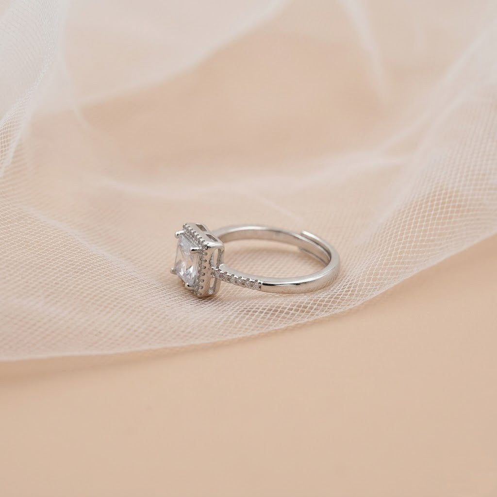 Princess Cut Halo Diamond Engagement Ring with Pave Band (Silver Finish)