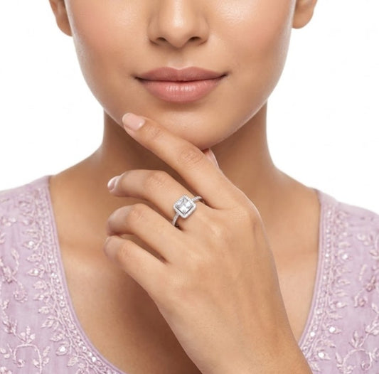 Princess Cut Halo Diamond Engagement Ring with Pave Band (Silver Finish)