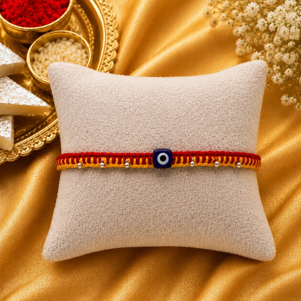 Premium handmade Evil Eye Rakhi with blue protective bead on a cream cushion, luxury golden festive background with kumkum, rice, sweets, and flowers for Raksha Bandhan.