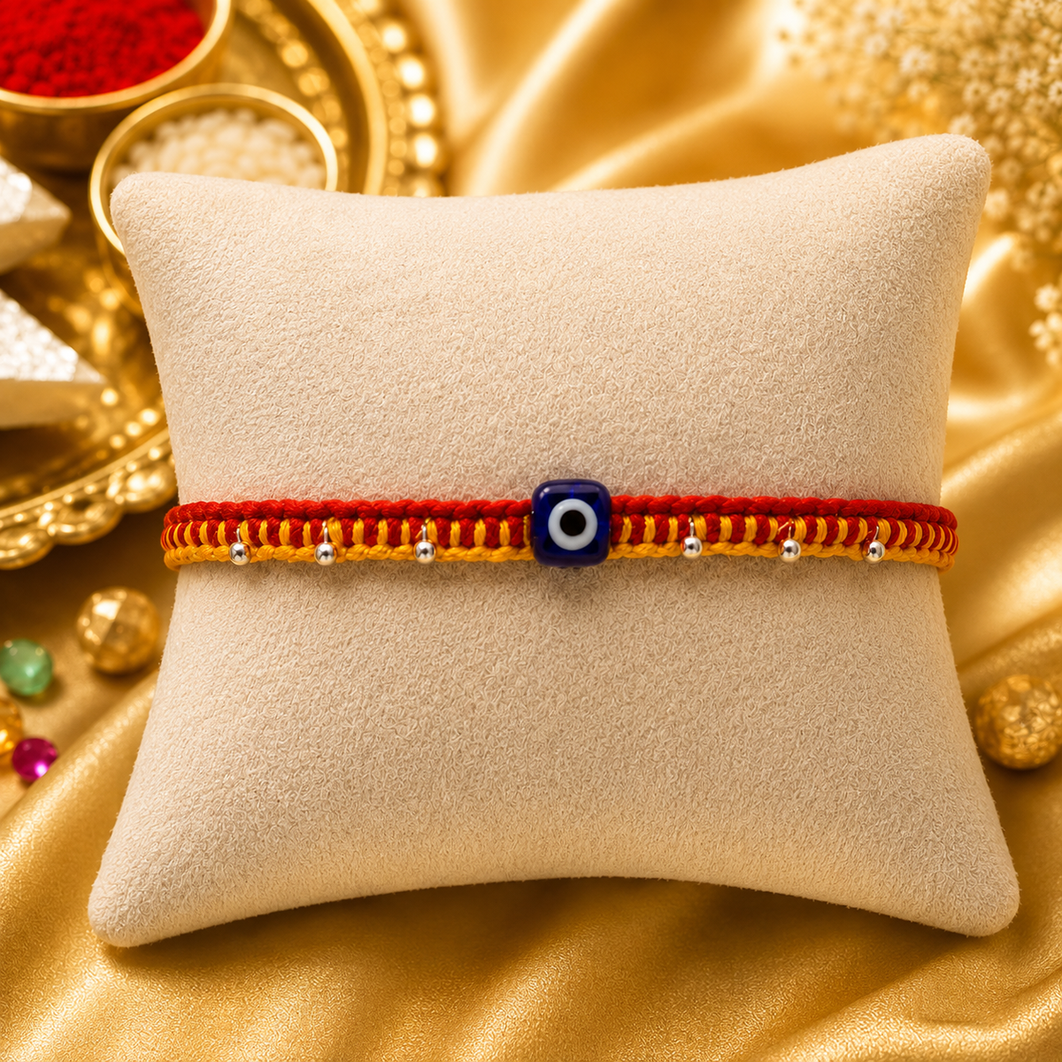 Premium handmade Evil Eye Rakhi with blue protective bead on a cream cushion, luxury golden festive background with kumkum, rice, sweets, and flowers for Raksha Bandhan.