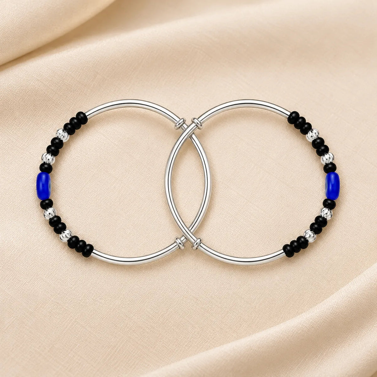 Protective Silver Baby Kada Studded with Evil Eye and Black Beads