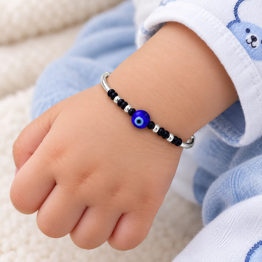 Protective Silver Baby Kada Studded with Evil Eye and Black Beads