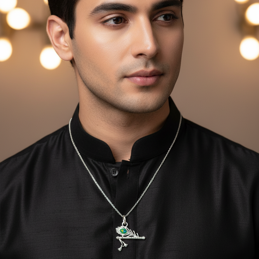 Pure Silver Flute Pendant with Morpankh Detailing