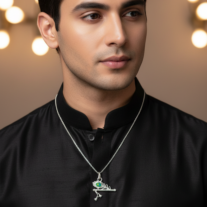 Pure Silver Flute Pendant with Morpankh Detailing