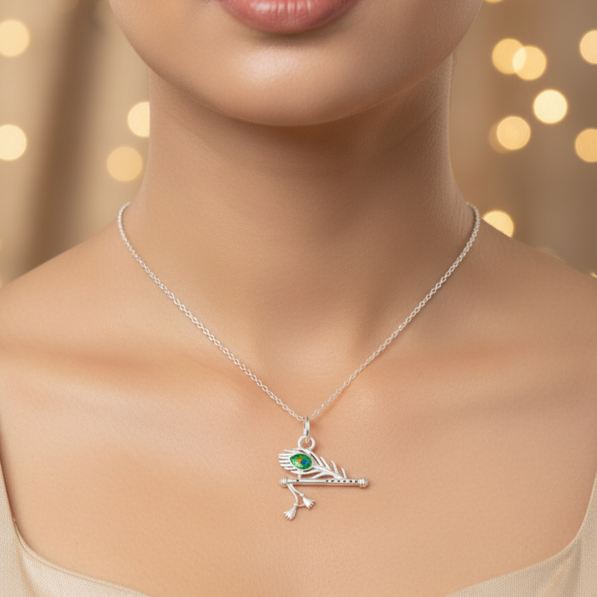 Pure Silver Flute Pendant with Morpankh Detailing