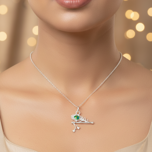 Pure Silver Flute Pendant with Morpankh Detailing