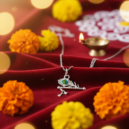 Pure Silver Flute Pendant with Morpankh Detailing