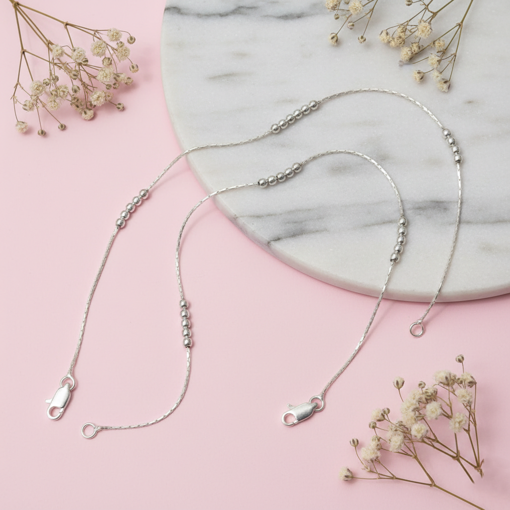 Pure Silver Bead Flow Chain Lightweight Modern Indian Anklet