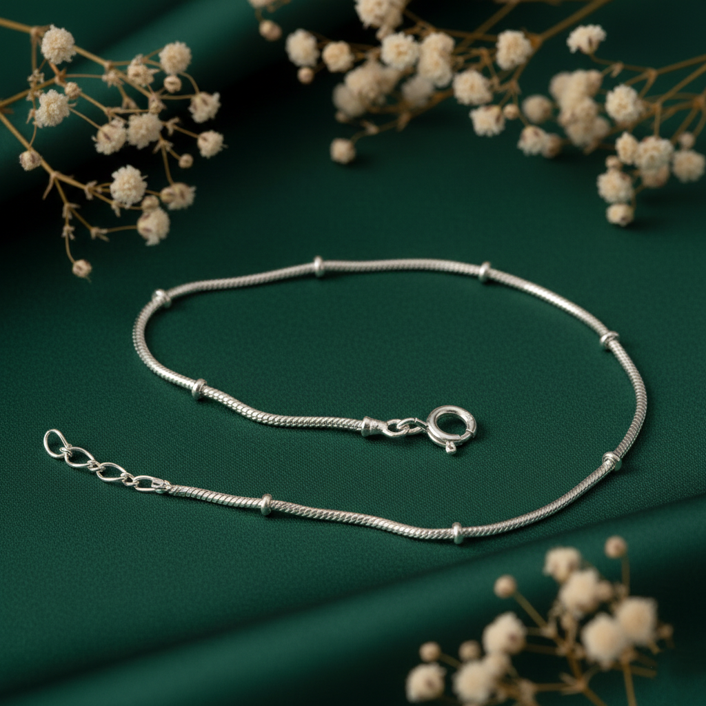 Pure Silver Snake Chain Bracelet with Bead Spacers