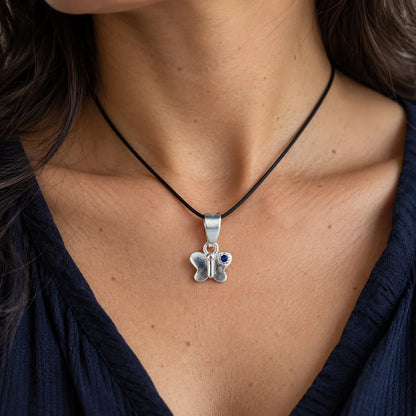 Pure Silver Butterfly Pendant with Blue Stone Detailing