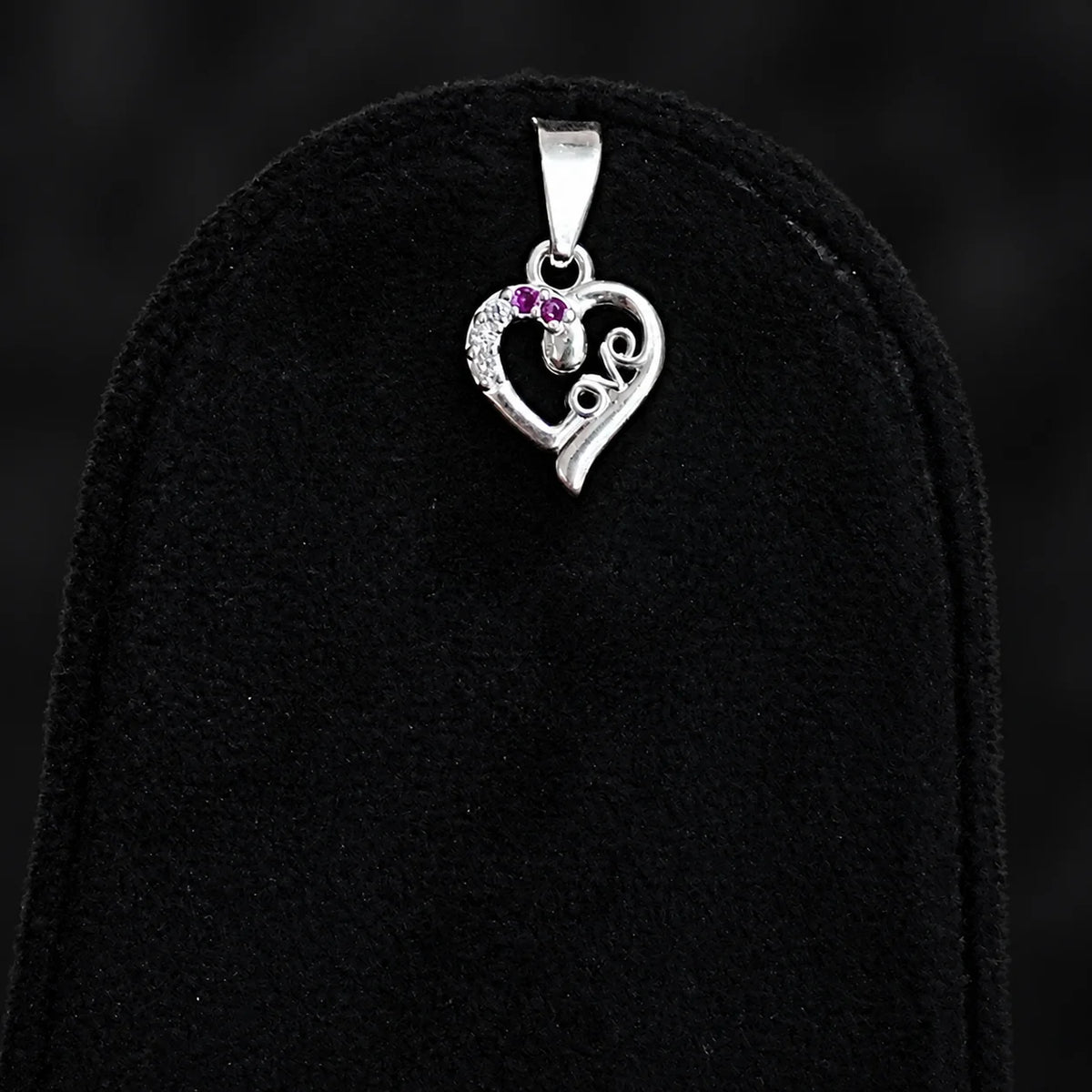 Pure Silver Heart Love Pendant with Pink and White Stone Detailing