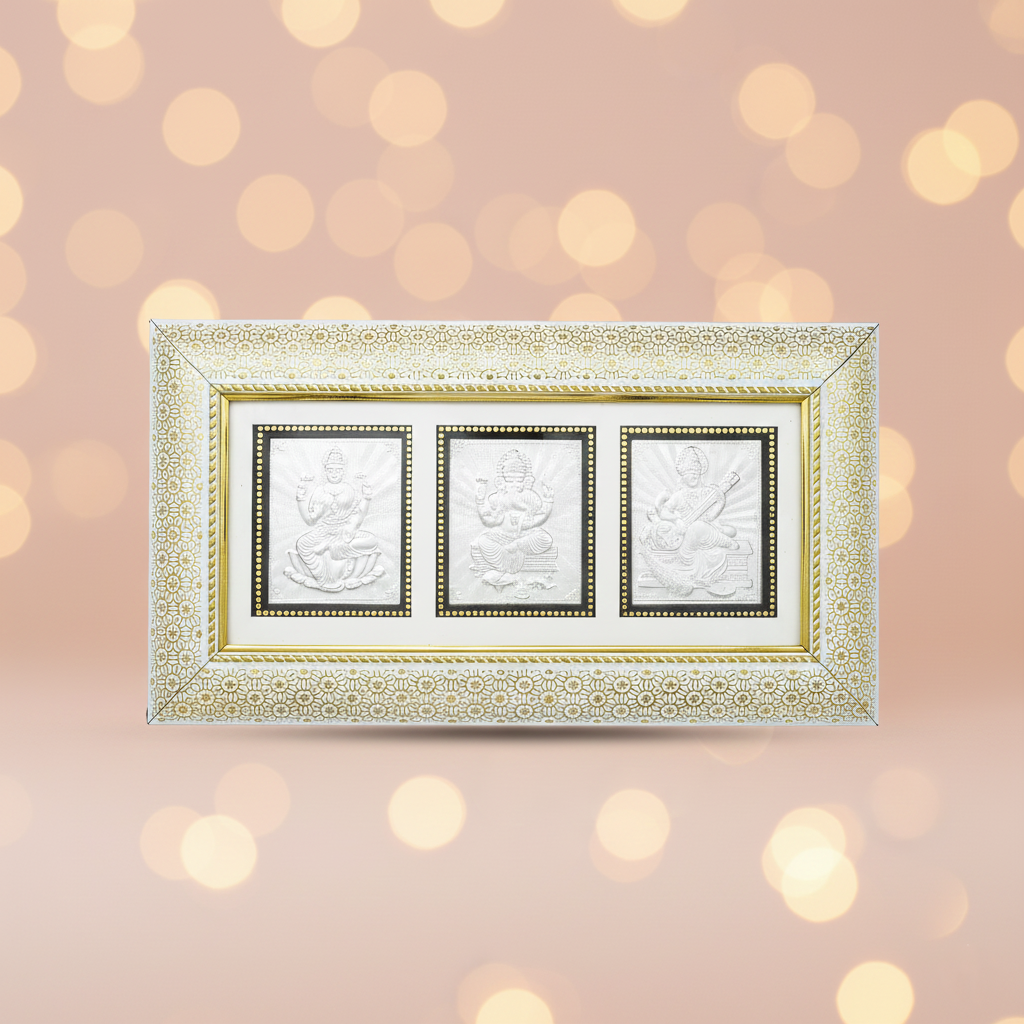 Pure Silver Laxmi Ganesh Saraswati Frame Attract Wealth, Prosperity & Abundance