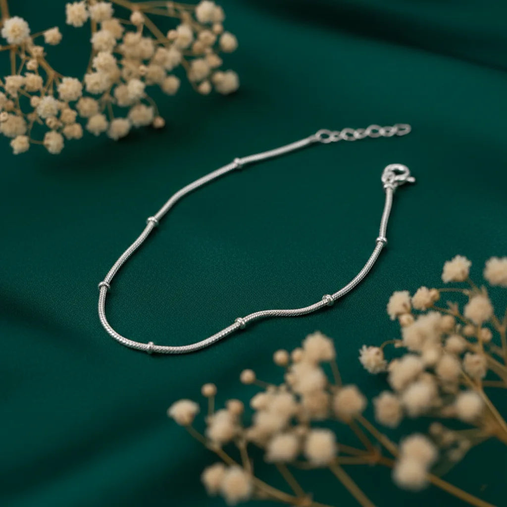 Pure Silver Snake Chain Bracelet with Bead Spacers for Women
