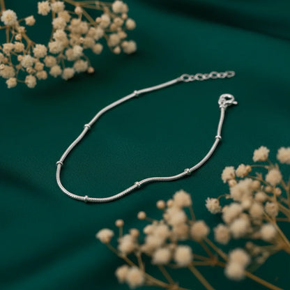 Pure Silver Snake Chain Bracelet with Bead Spacers for Women
