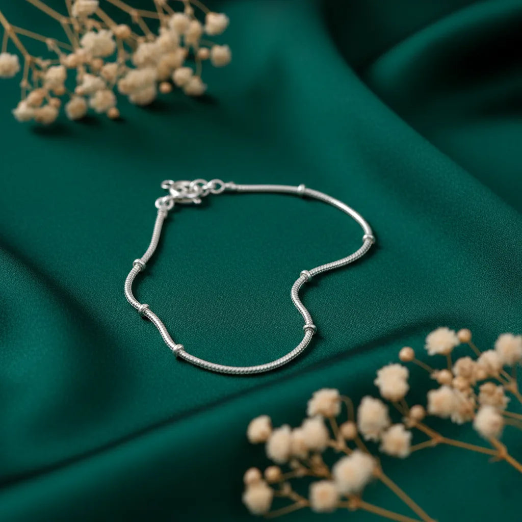 Pure Silver Snake Chain Bracelet with Bead Spacers for Women
