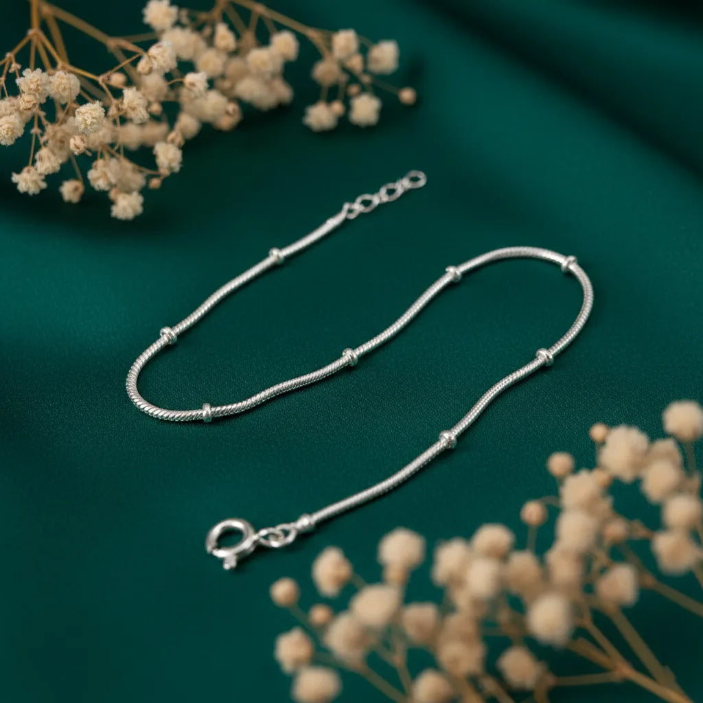 Pure Silver Snake Chain Bracelet with Bead Spacers for Women
