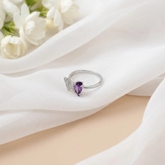 Purple Gemstone Butterfly Design Silver Ring