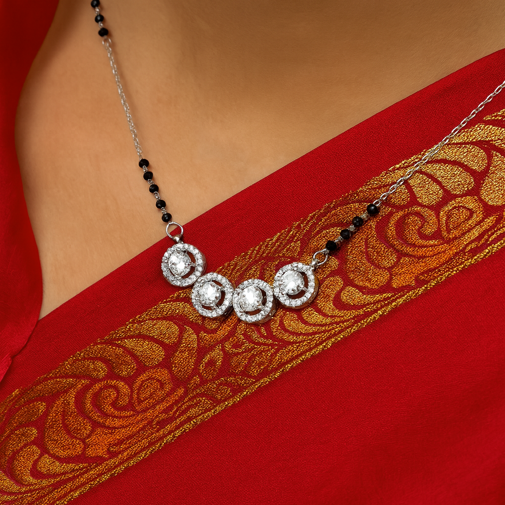 Quad Solitaire Silver Mangalsutra with Black Beads