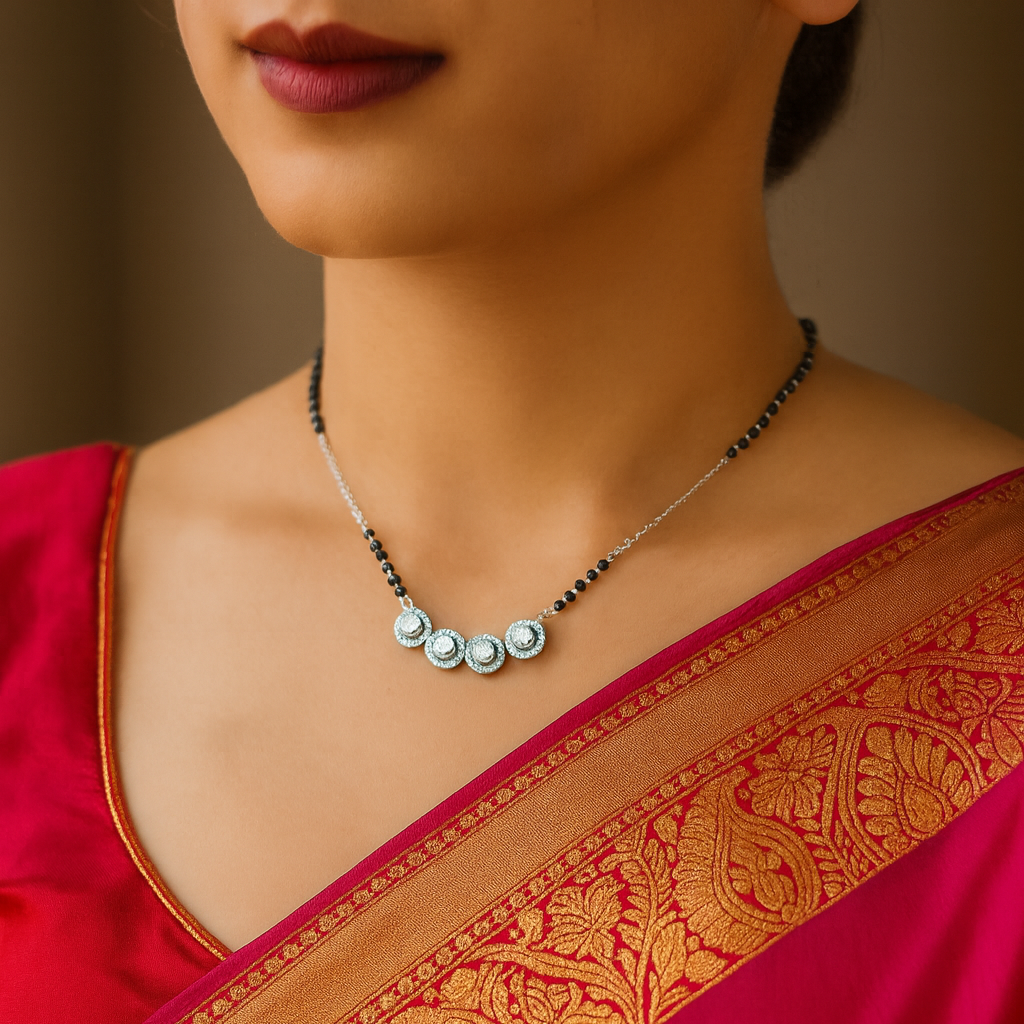 Quad Solitaire Silver Mangalsutra with Black Beads