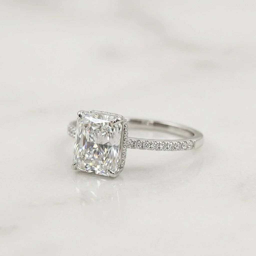 Radiant Cut Solitaire Diamond Halo Ring with Pavé Band 