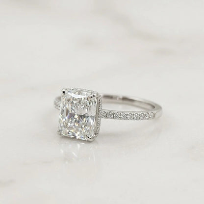 Radiant Cut Solitaire Diamond Halo Ring with Pavé Band 