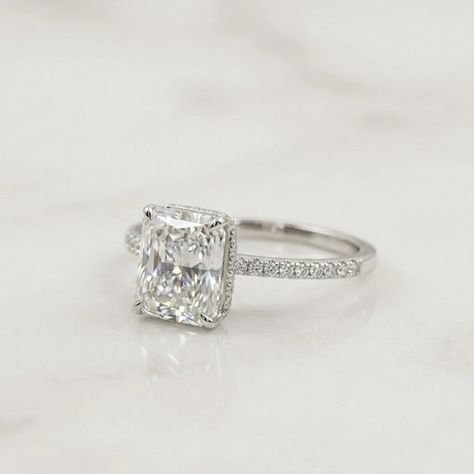 Radiant Cut Solitaire Diamond Halo Ring with Pavé Band 