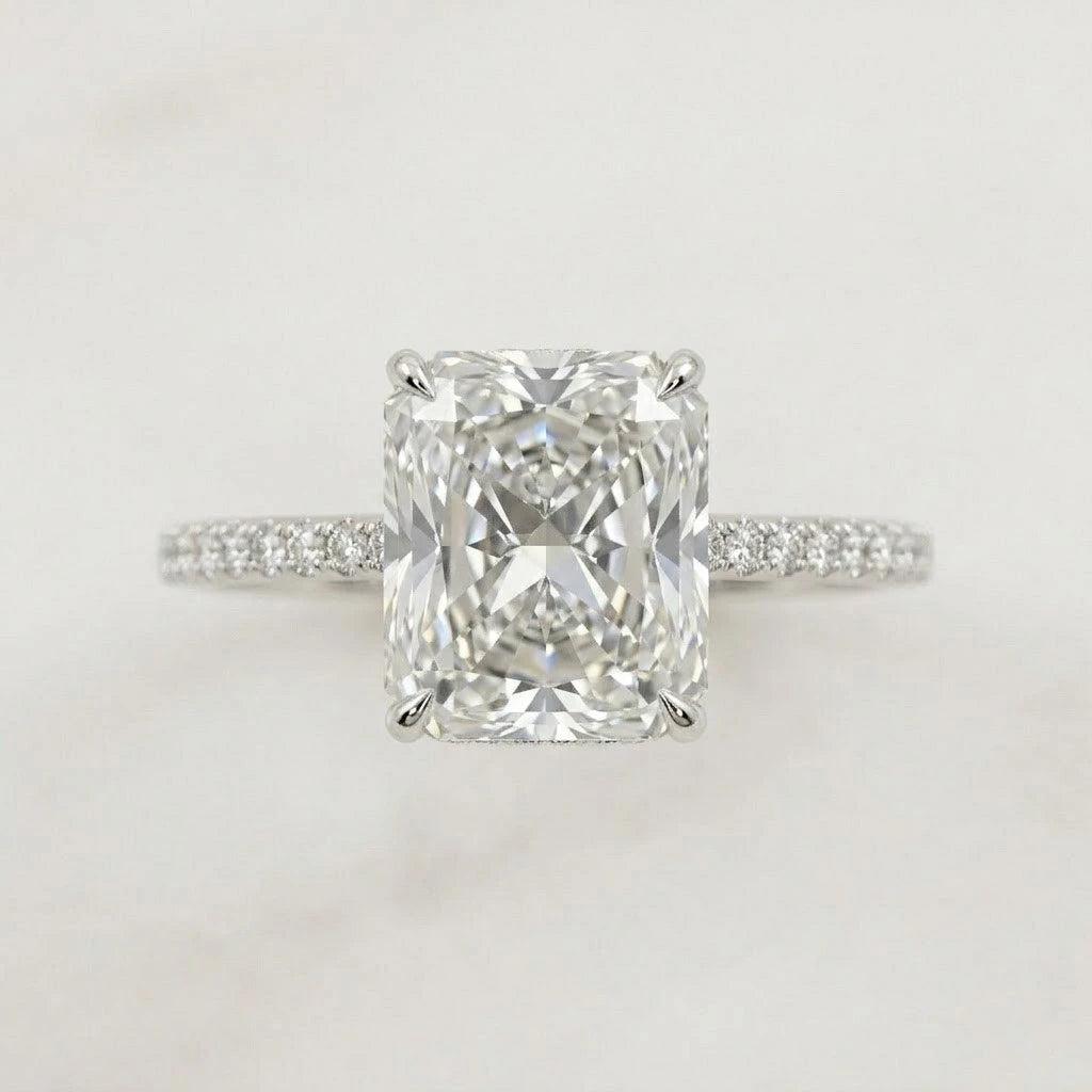 Radiant Cut Solitaire Diamond Halo Ring with Pavé Band 
