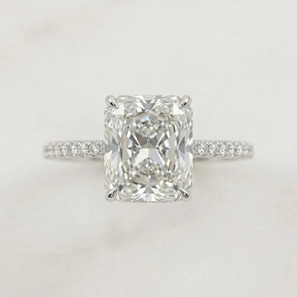Radiant Cut Solitaire Diamond Halo Ring with Pavé Band 