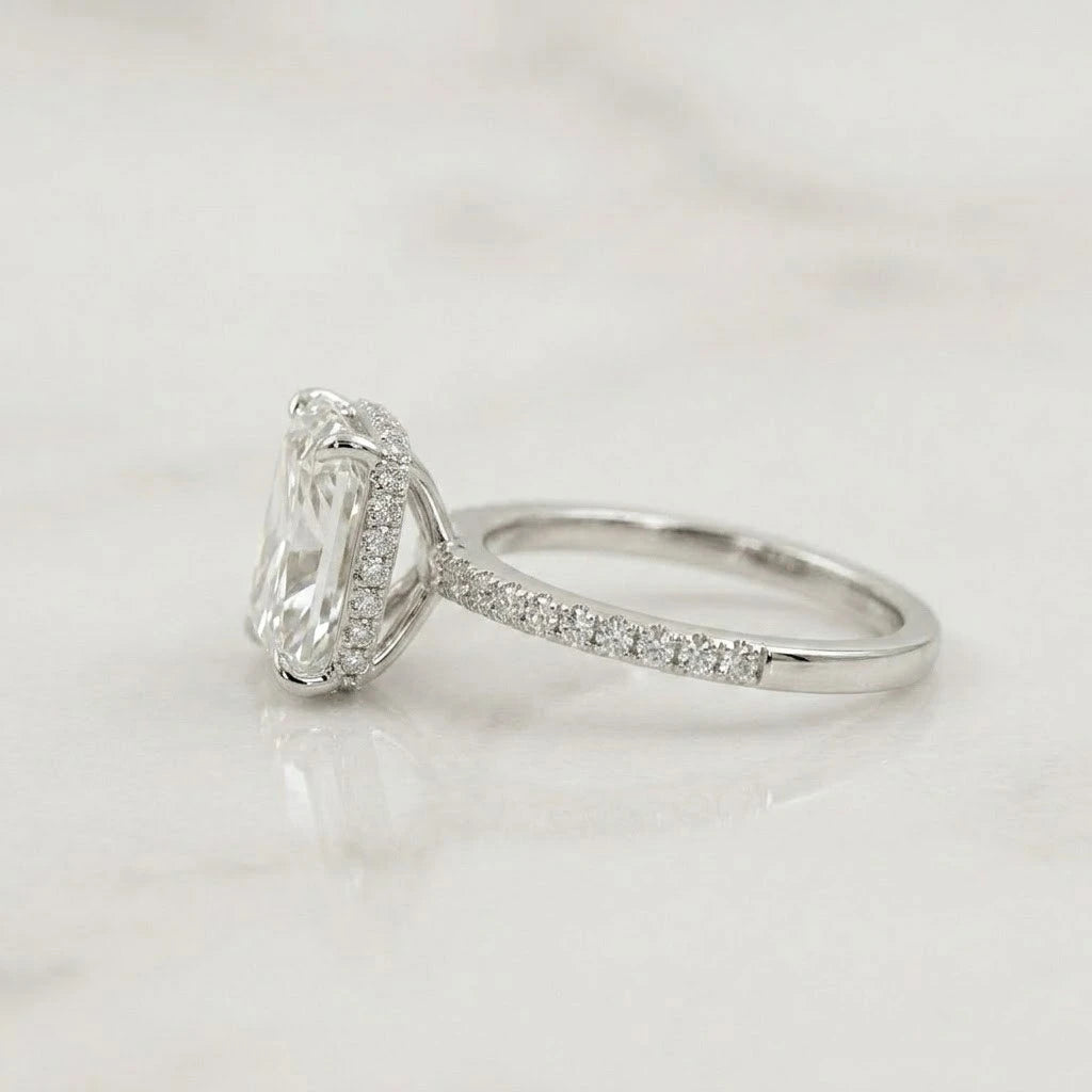 Radiant Cut Solitaire Diamond Halo Ring with Pavé Band 