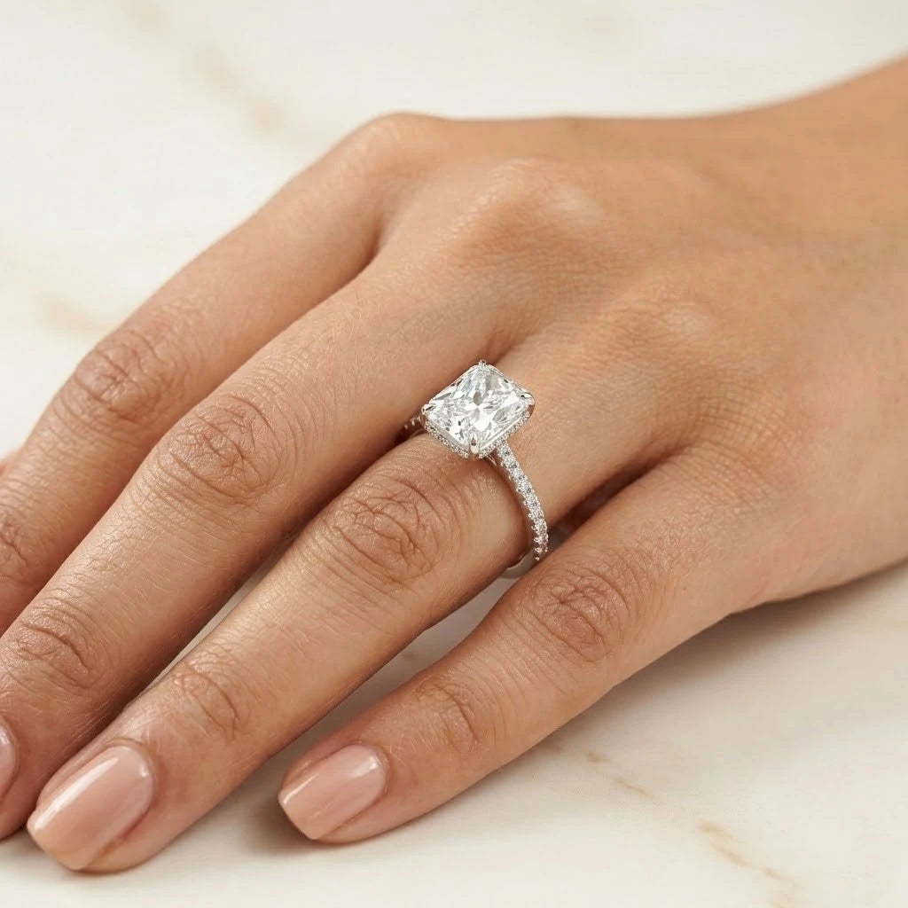 Radiant Cut Solitaire Diamond Halo Ring with Pavé Band 