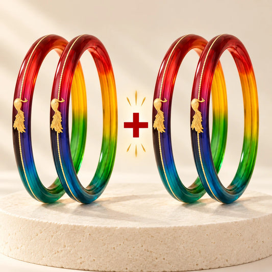 Rainbow Gradient Resin Bangles with Gold Peacock
