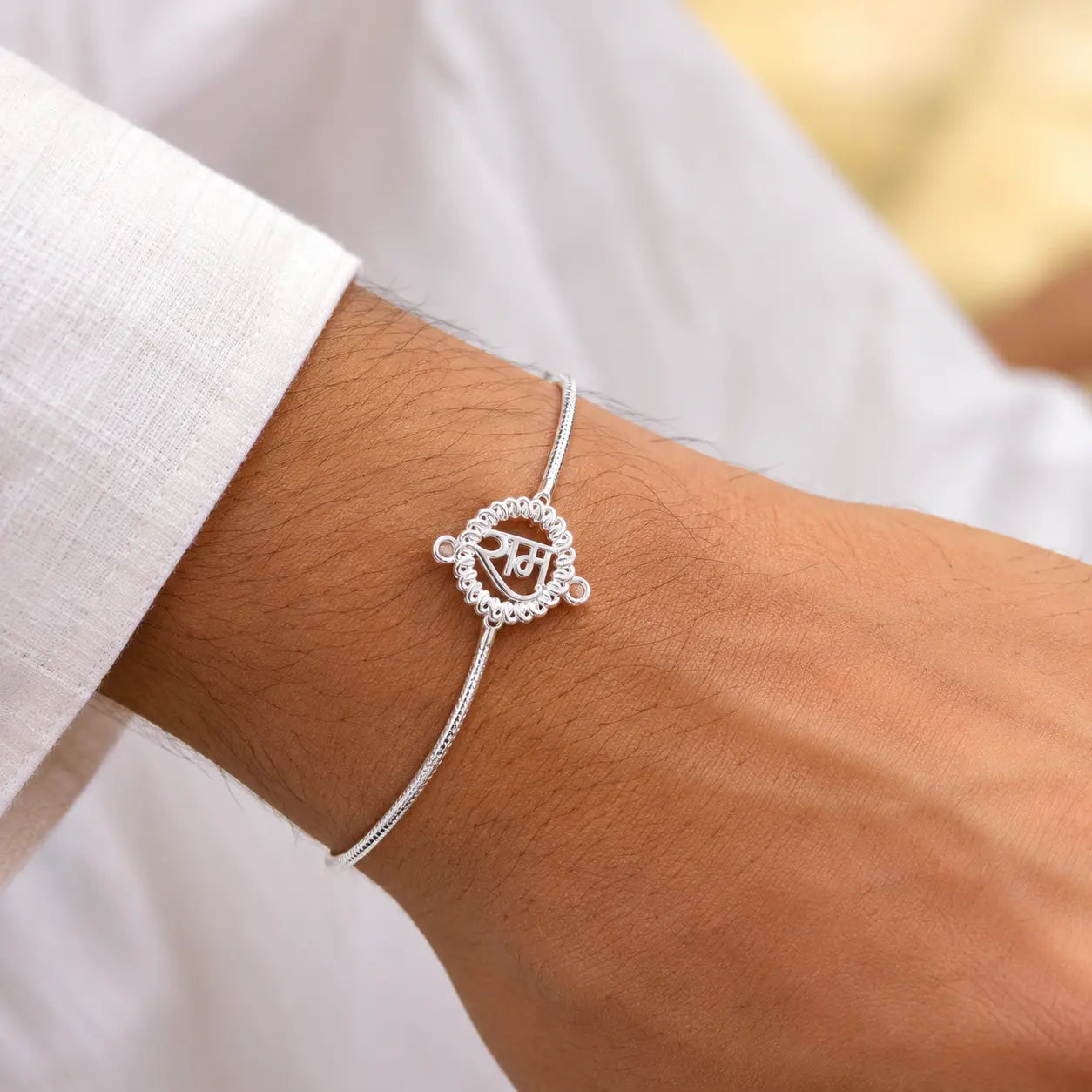 Silver Ram Bracelet with Hindi Ram Pendant Design