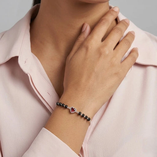 Red Heart Charm Black Beads Silver Bracelet