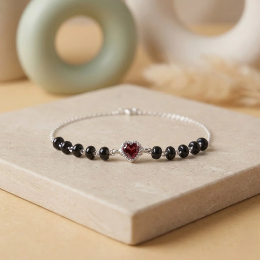 Red Heart Charm Black Beads Silver Bracelet