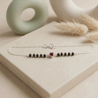 Red Heart Charm Black Beads Silver Bracelet