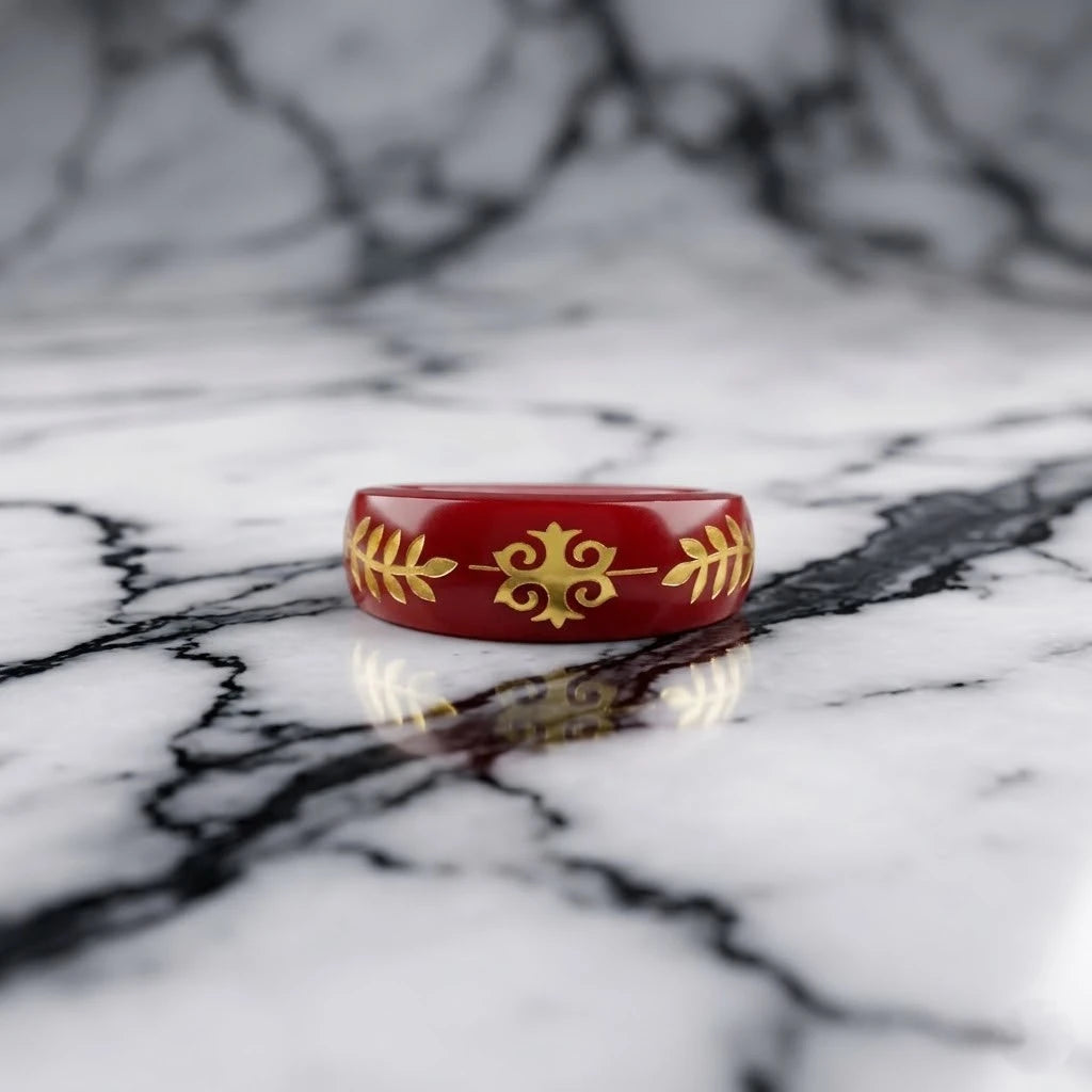 Red Heritage Band Ring with Gold Floral Motif Design